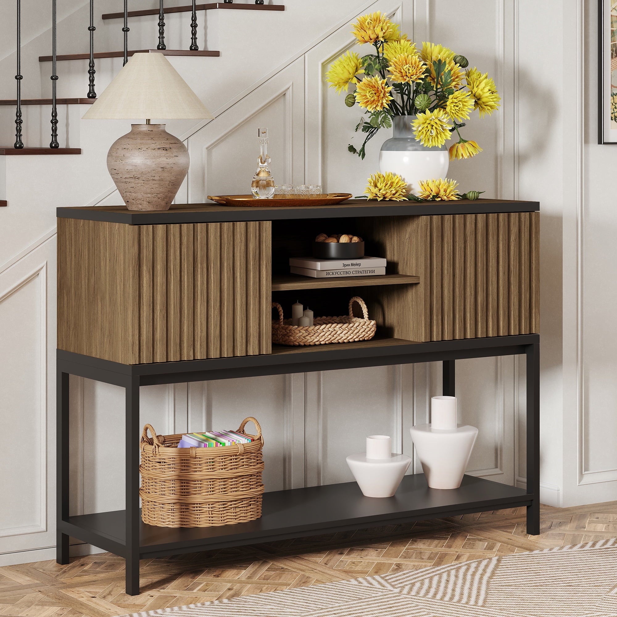 ARKANTOS Modern Console Table with Storage and Grille Doors, Entryway Sofa Table